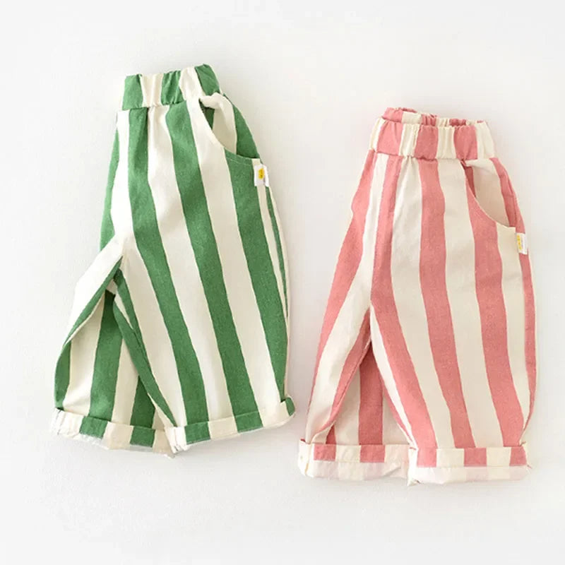 Autumn New Boy Girl Children Loose Striped Casual Pants Baby Pockets Fashion Pants Kid Outdoor Cotton Trousers Toddler Costume