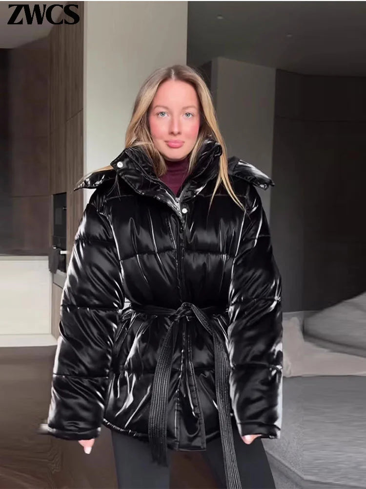 Warm Glossy Hooded Lace-up Cotton Coats Women's Casual Zipper Bottons Belted Overcoat 2026 Winter New Female Solid Streetwear