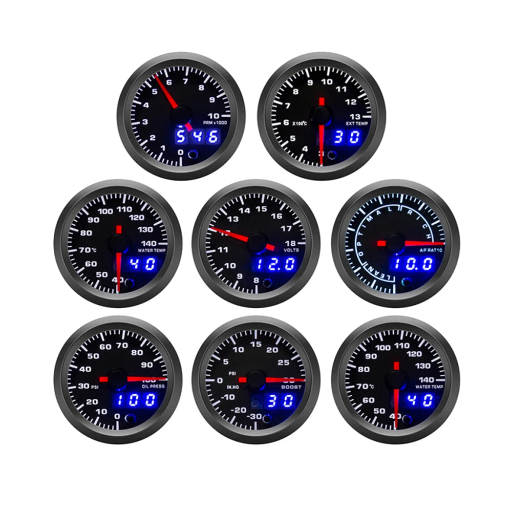 52mm Tachometer PRM Boost Gauge Water Temp Oil Temp Oil Press Voltmeter EGT Gauge AFR Gauge 7 Colors LED Dual Display Car Gauge