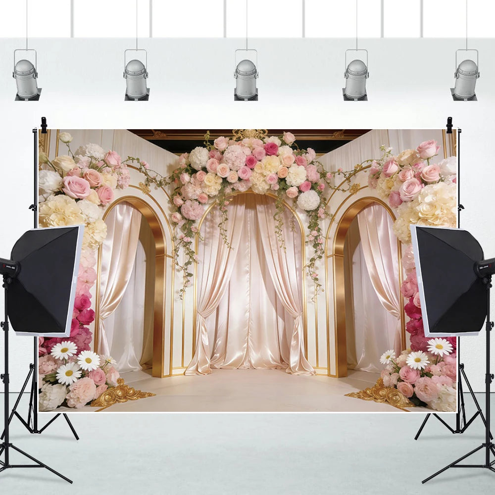 Pink Floral Wedding Backdrop Rose Arch Satin Drapery Photography Background for Bridal Shower Ceremony Photo Booth Decor