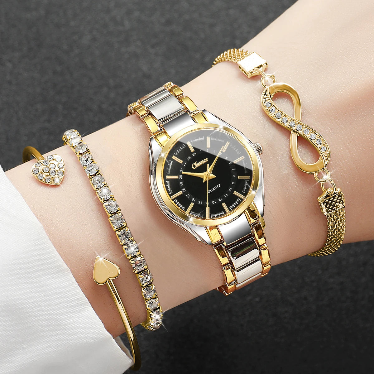 4PCS Elegant Women Watches Bracelets Set Ladies Luxury Analog Quartz Wristwatch Accessories Gift Relogio Feminino（Without Box）