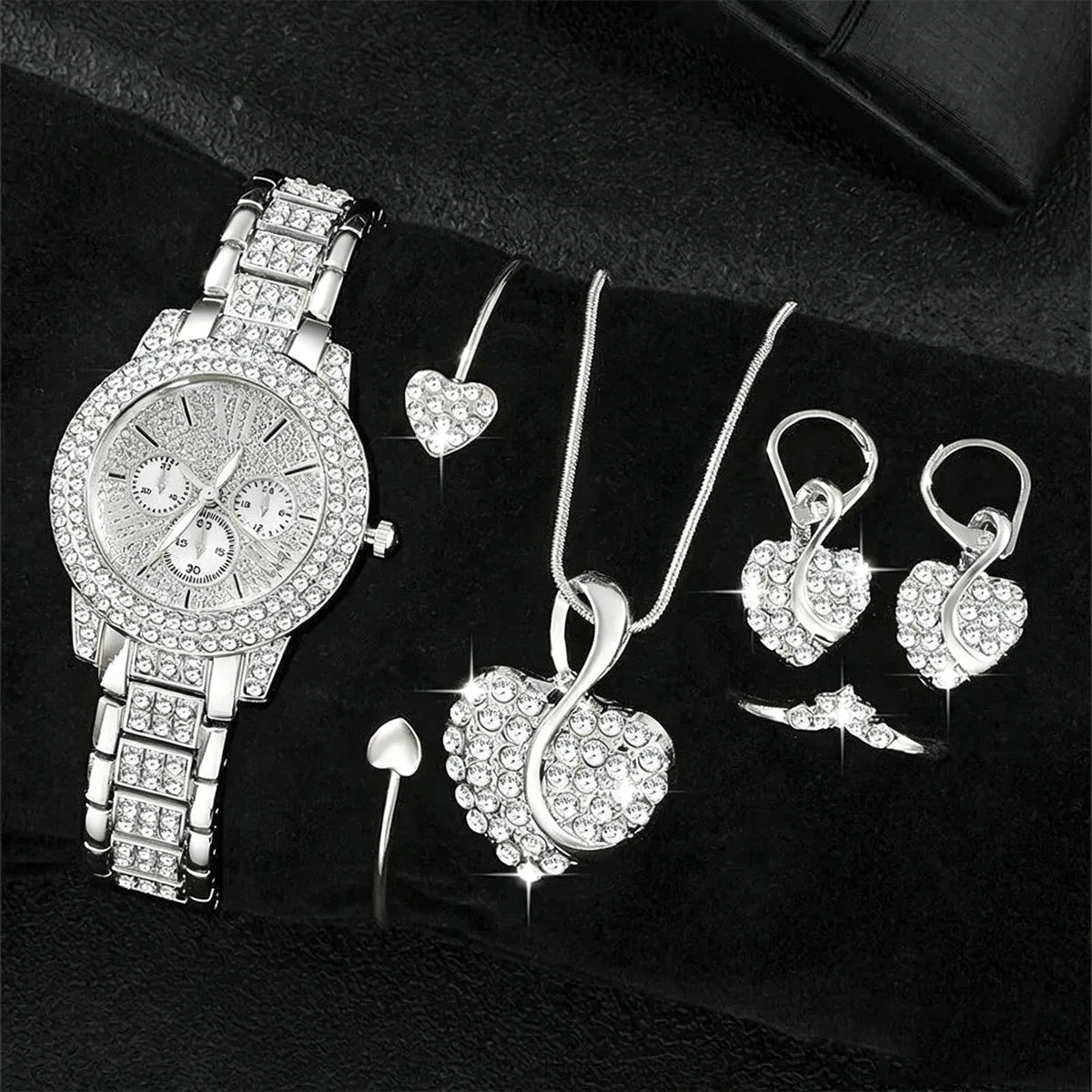 6PCS Luxury Rhinestone Women Watches Jewelry Set Fashion Roma Dial Quartz Wristwatch Accessories Relogio Feminino Clock Gift
