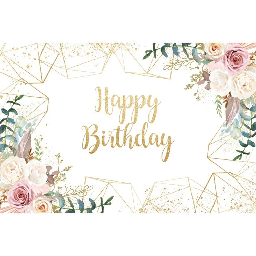 Happy Birthday Backdrop Gold Frame Frame Flower Butterfly Baby Shower Adult Anniversary Birthday Party Photography Background