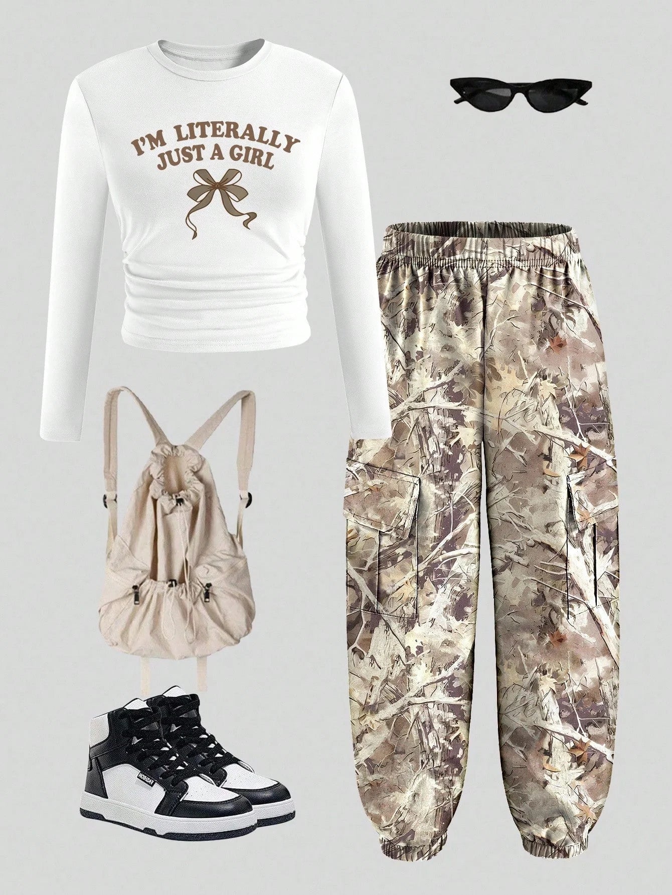 Spring and Autumn Girls' Trendy 2-Piece Outfit: Letter Print Long-Sleeve T-Shirt + Camo Cargo Jogger Pants Set