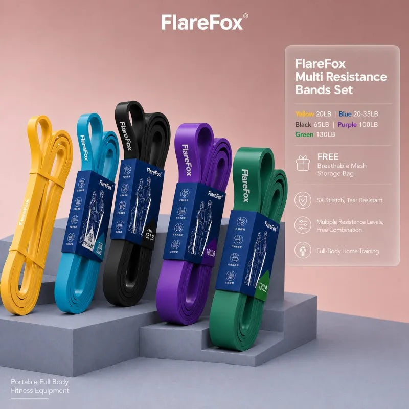 FlareFox Multiple Resistance Bands Set Pull-up Assist Straps Strength Agility Training Handy Gym Equipment for Home CrossFit