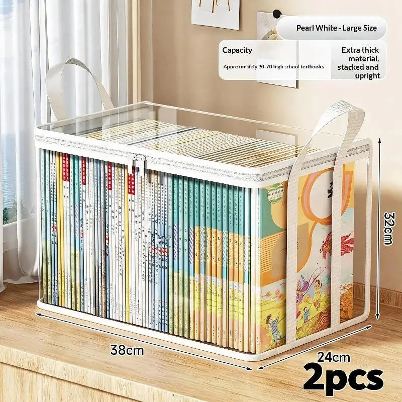 2Pcs Transparent Plastic Book Storage Box Large Capacity Foldable Space-Saving Organizer For Home Office