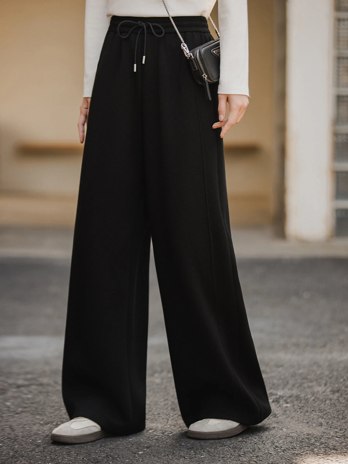 XIAOGULI 2026 Autumn Women Black High Stretch Elastic High Waist Wide Leg Pants Loose Fit Black Casual Regular Petite 2 Types