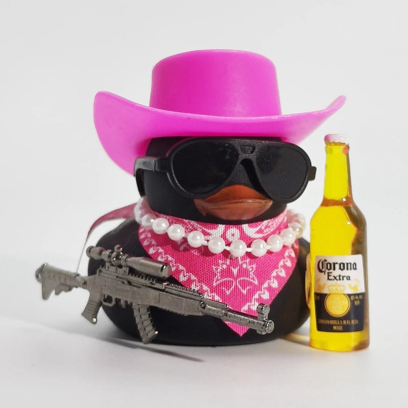 Cute Fortunate Rich Duck Car Dashboard Decoration Yellow Black Duck with Cowboy Hat Scarf Bottle for Women Men Car Ornament