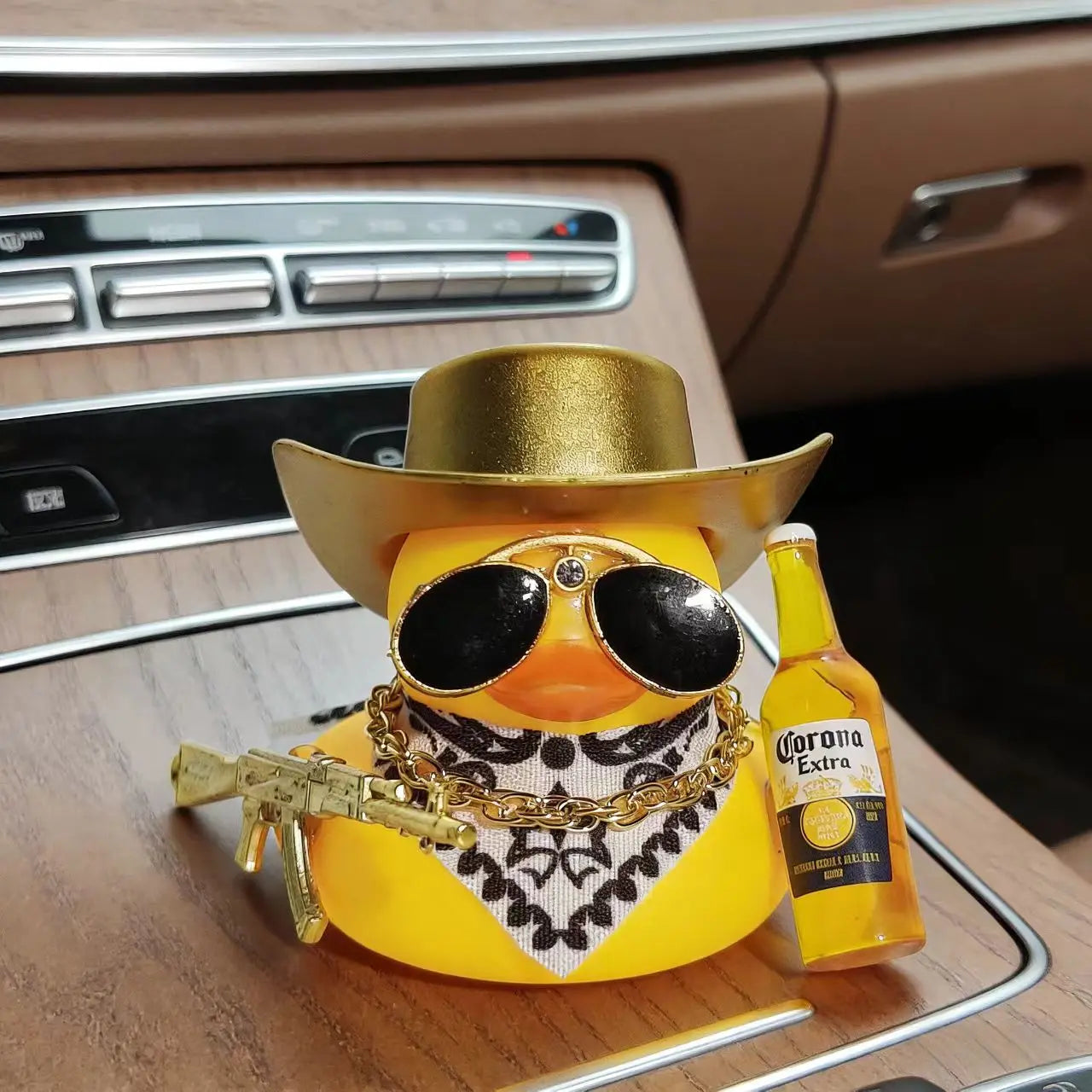 Cute Fortunate Rich Duck Car Dashboard Decoration Yellow Black Duck with Cowboy Hat Scarf Bottle for Women Men Car Ornament