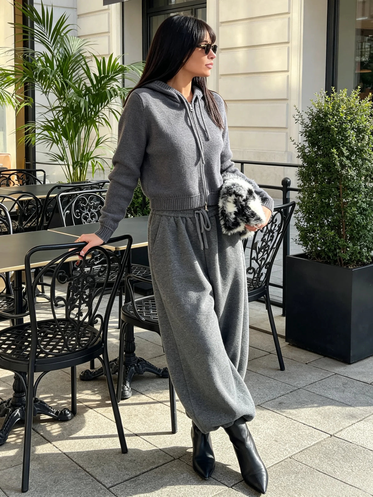 Bornladies Women's Two-piece Knitted Fashionable Zipper Drawstring Cut Hoodie and Pants Set Casual Home Wear Daily Winter Outfit