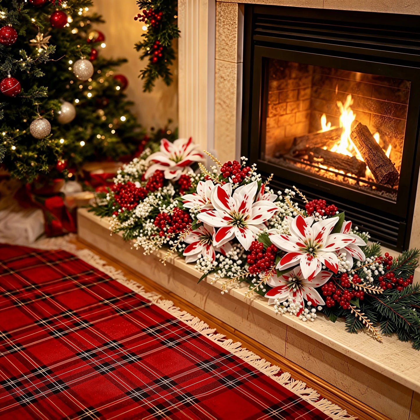 Christmas Red and White Poinsettia Bouquet Artificial Flower Holiday for Fireplaces Stair Railings Dining Tables Xmas Tree Decor