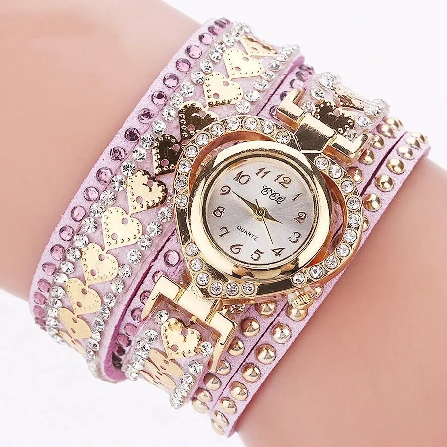 Luxury Women Heart Dial Shiny Design Quality Women Quartz Watch Fashion Rhinestone Bracelet Wrap Strap Women Watch Gifts