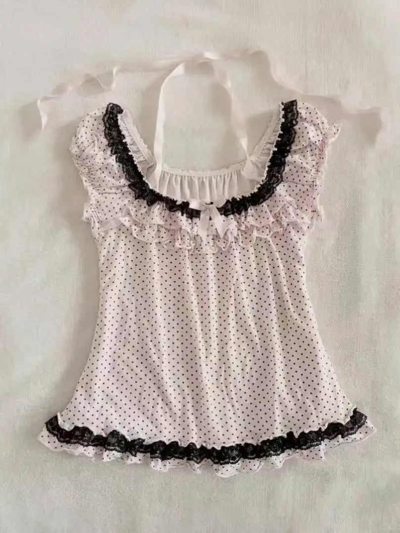 Kawaii Lolita Fake Two Piece Shirts Women Slim Elegant Lace Bow Tees Japanese Harajuku Y2K Sweet Cute Blouse Street Daily Outfit