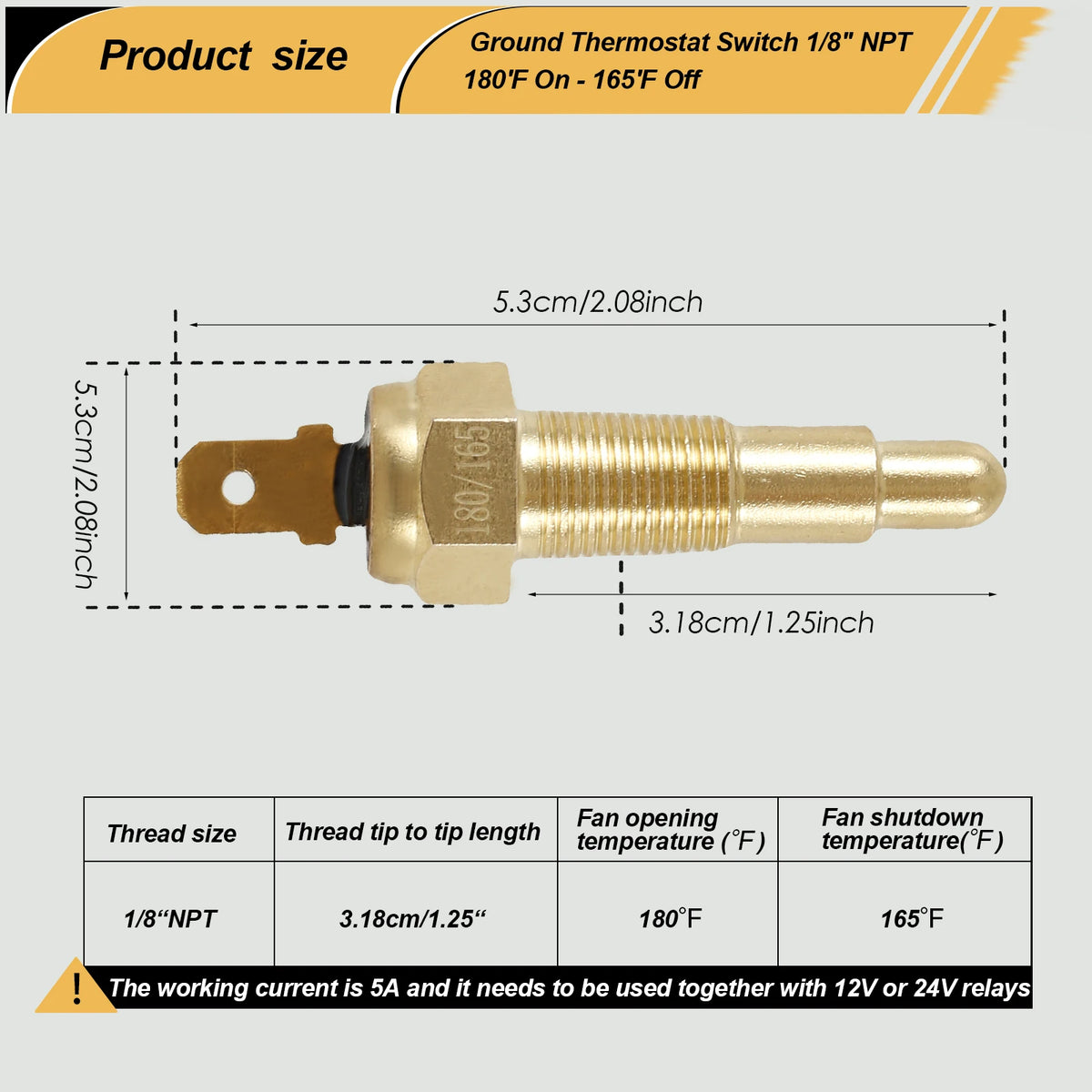 Universal Engine Cooling Fan Thermostat Switch Metal 1/8" NPT  Sensor 180 Fahrenheit On 165 Fahrenheit Off for Water Oil Coolant