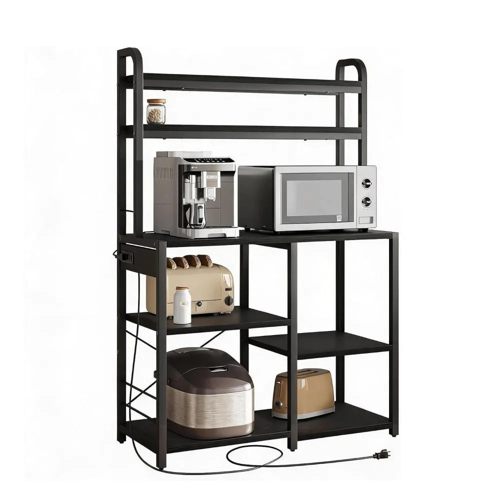 6 Tier Black Baker Rack with Power Outlet, Kitchen Microwave Stand Coffee Bar Station with Wire Drawer & Storage Basket, Large Freestanding Kitchen Organizer Shelf with MDF Board and Steel Frame for Cookware Spices Dining Roo
