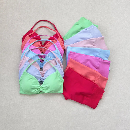 Women's Sports Bra Shorts Set Halter Neck Minimal Coverage Backless Padded Crop Top Butt Lift Dance Fitness Workout Activewear
