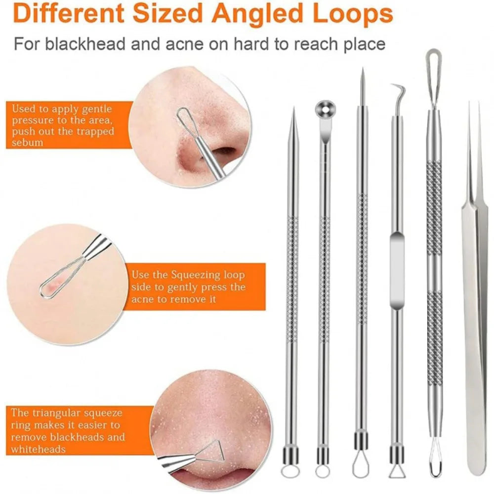 6Pcs Stainless Steel Blackhead Remover Kit Comedone Extractor Tweezers Precision Tools for Acne Blemish Removal Facial Skin Care