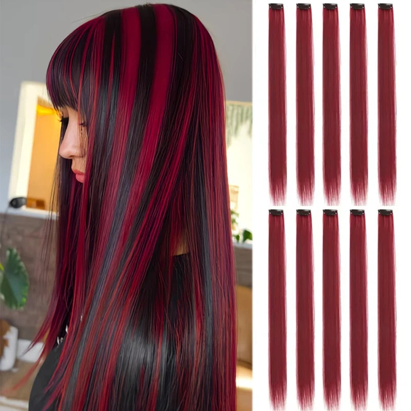 10PCS Hair Extensions Clip in -24 inch Colorful Hair Extensions Party Highlights Long Straight Synthetic Wigs,Suitable for Girl