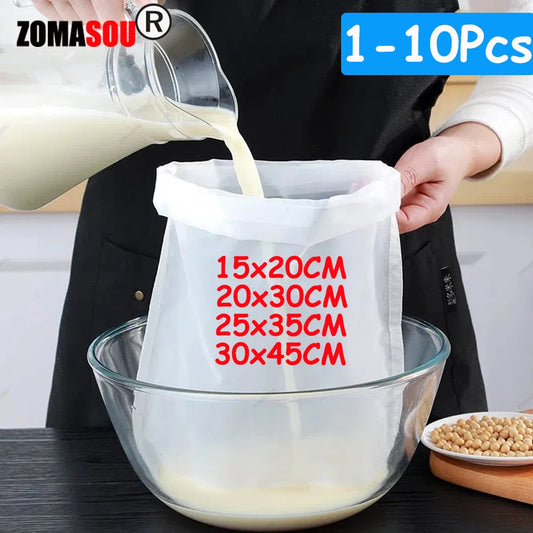 1-10Pcs 100 Mesh Soy Milk Wine Filter Bag Nut Milk Bag Tea Coffee Oil Yogurt Filter Net Mesh Food Reusable Nylon Filter Strainer