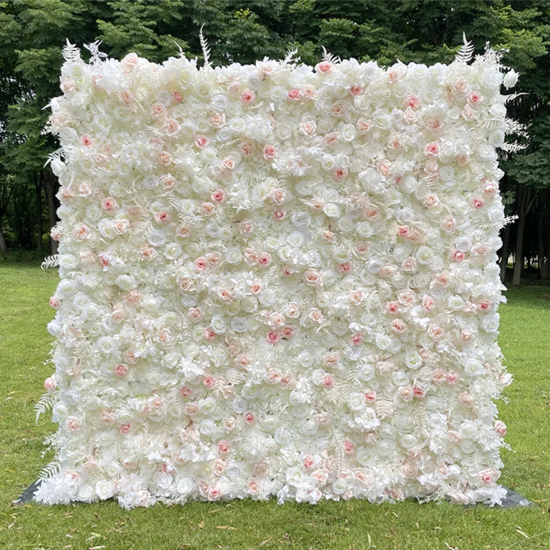 Luxur white Rose Roll Up Cloth 5D Flower Wall Arrangement Wedding Backdrop Decor Hanging Curtain Green Plants Wall Party Props