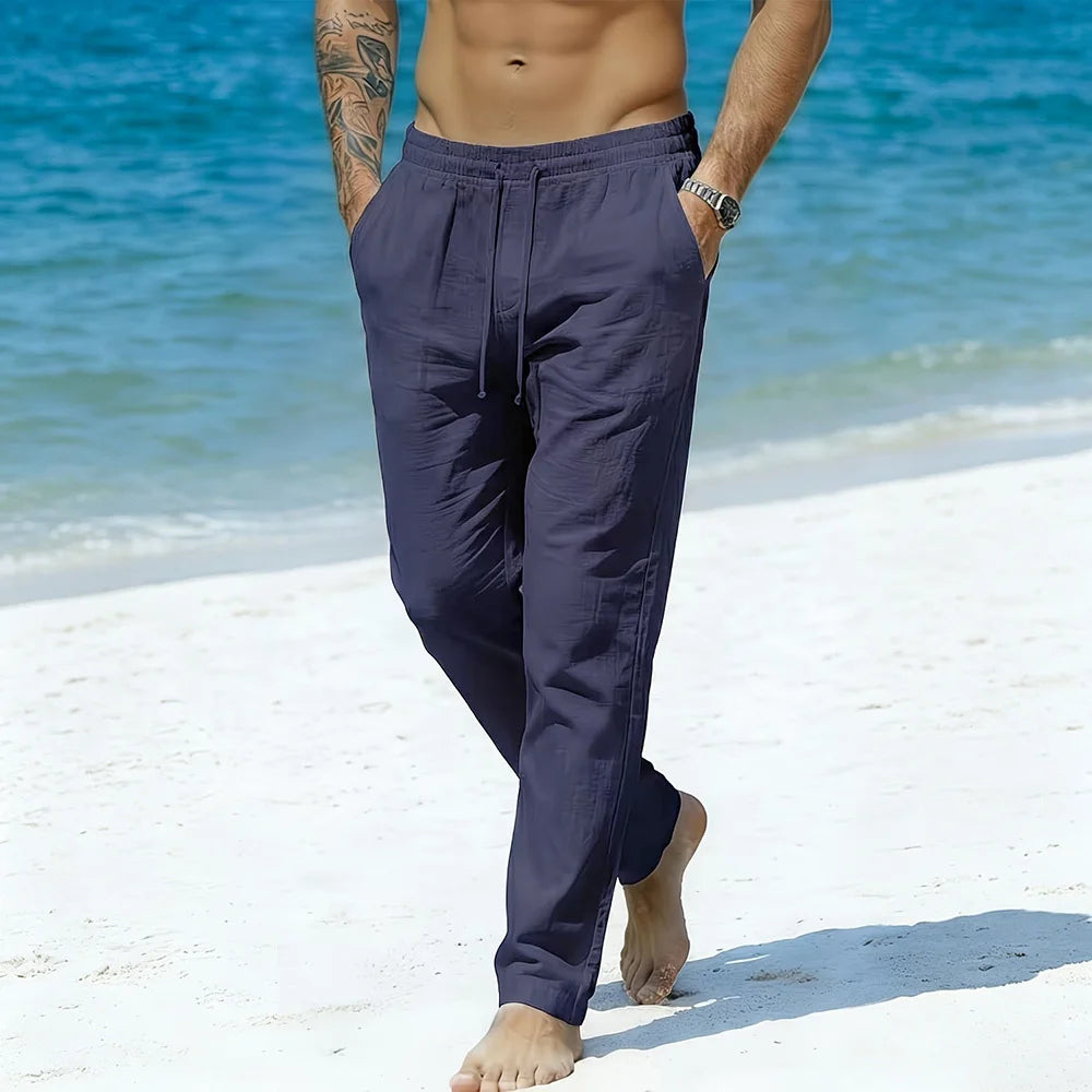 Men's Cotton Linen Long Pants Solid Color Breathable Lightweight Beach Style Vacation Cozy Long Pants Elastic Waist Trousers