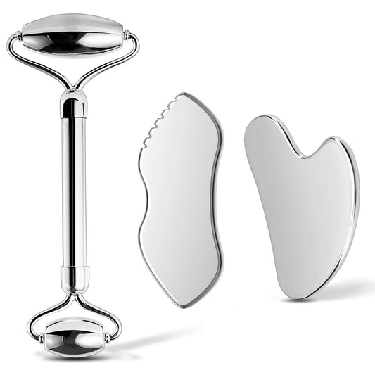 1/2/3 Piece Stainless Steel Facial Roller and Gua Sha Massage Tool Set, Metal Beauty Tools for Body, Face, Neck and Eyes