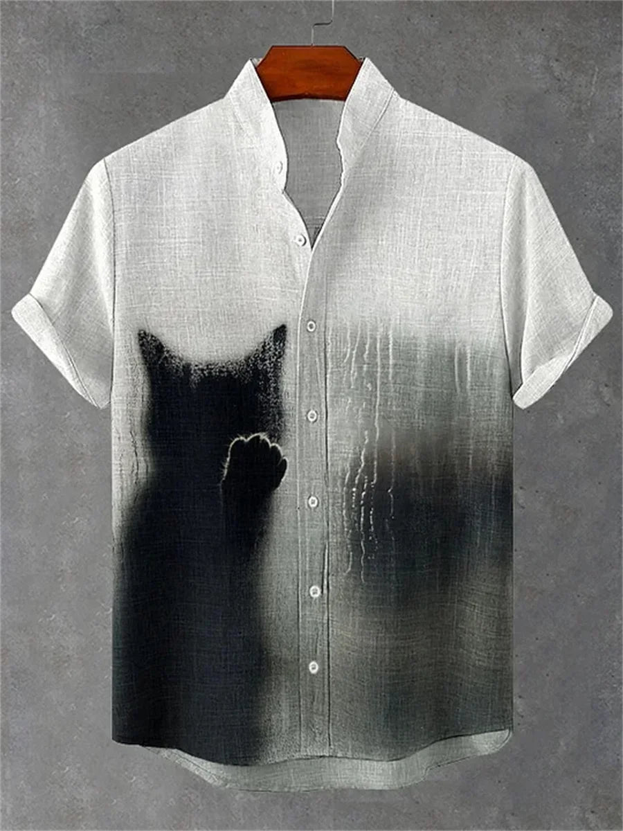 Men's short-sleeved shirt with a fun cat print, stand-up collar, single-breasted casual style. Hawaiian shirt, men's unique top.
