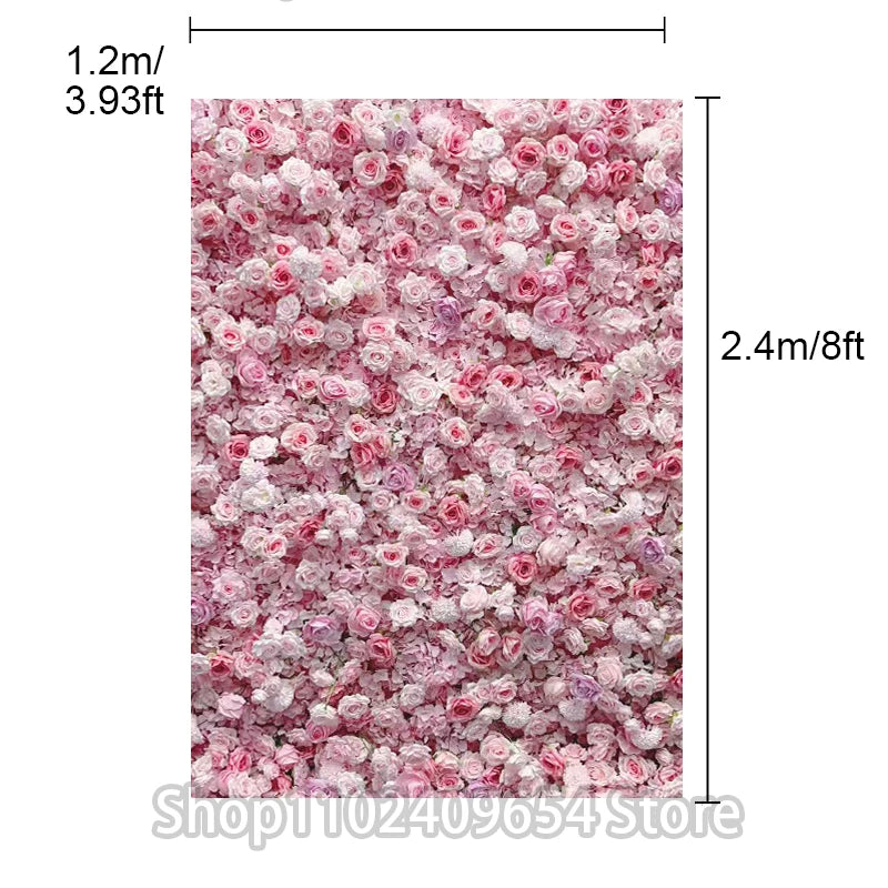 8ft/3.2ft Pink Flower Wall Artificial Silk Rose Backdrop For Wedding Decor Party 5D Floral Wall Roll Up Hanging Event Props