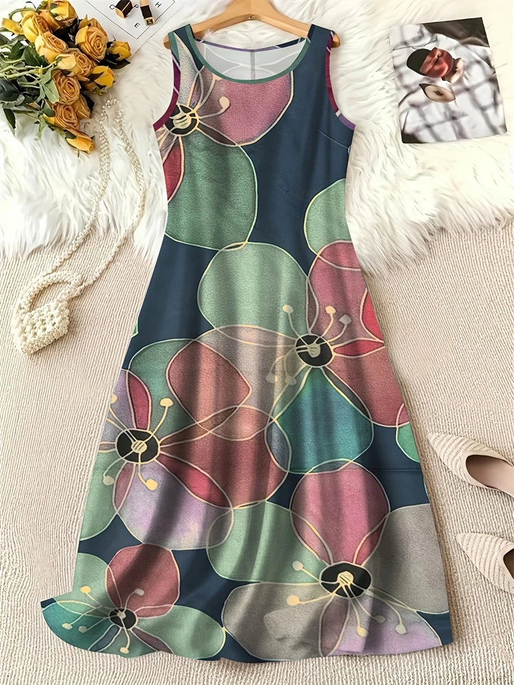 Summer Fashion Round-Neck Women's Dresses Botanical Floral Color-Blocked Patchwork Dresses Travel Party and Beach Dresses