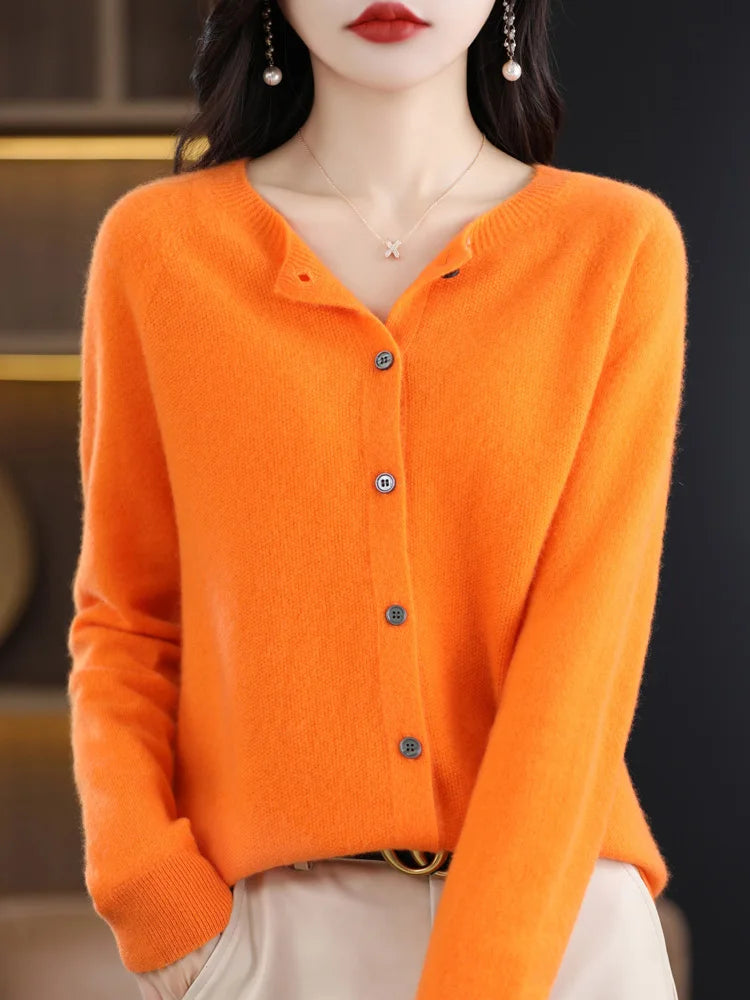 New Fashion Spring 100% Merino Wool Womens O-neck Cardigan Cashmere Sweater 2024 Female Clothing Grace Knitwear Korean Tops