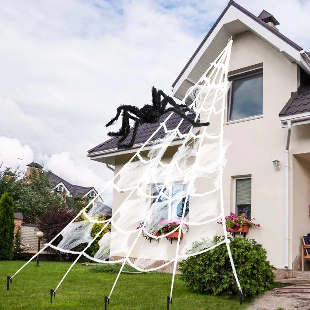 Halloween Triangle Spider Web,5m Large Plush Simulation Spider Web,Haunted Home Outdoor Yard Decoration Props
