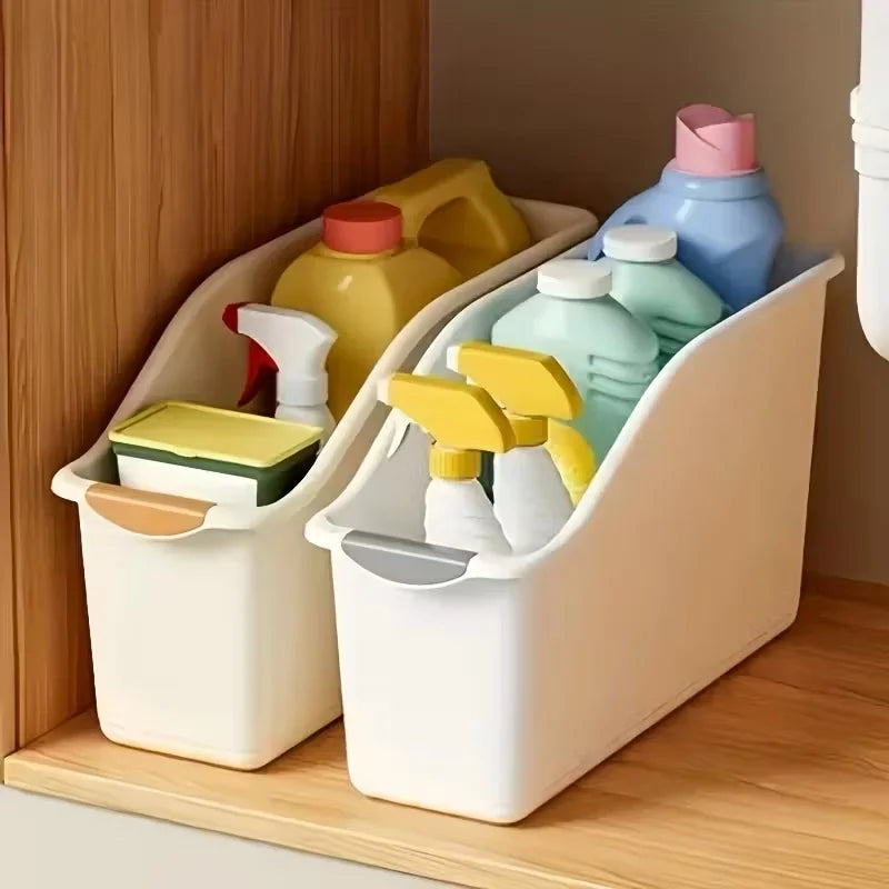 2pcs Curved Design Storage Boxes - Heavy-Duty Plastic Organizer, White Space-Saving Container for Under Sink, Pantry & Cabinet