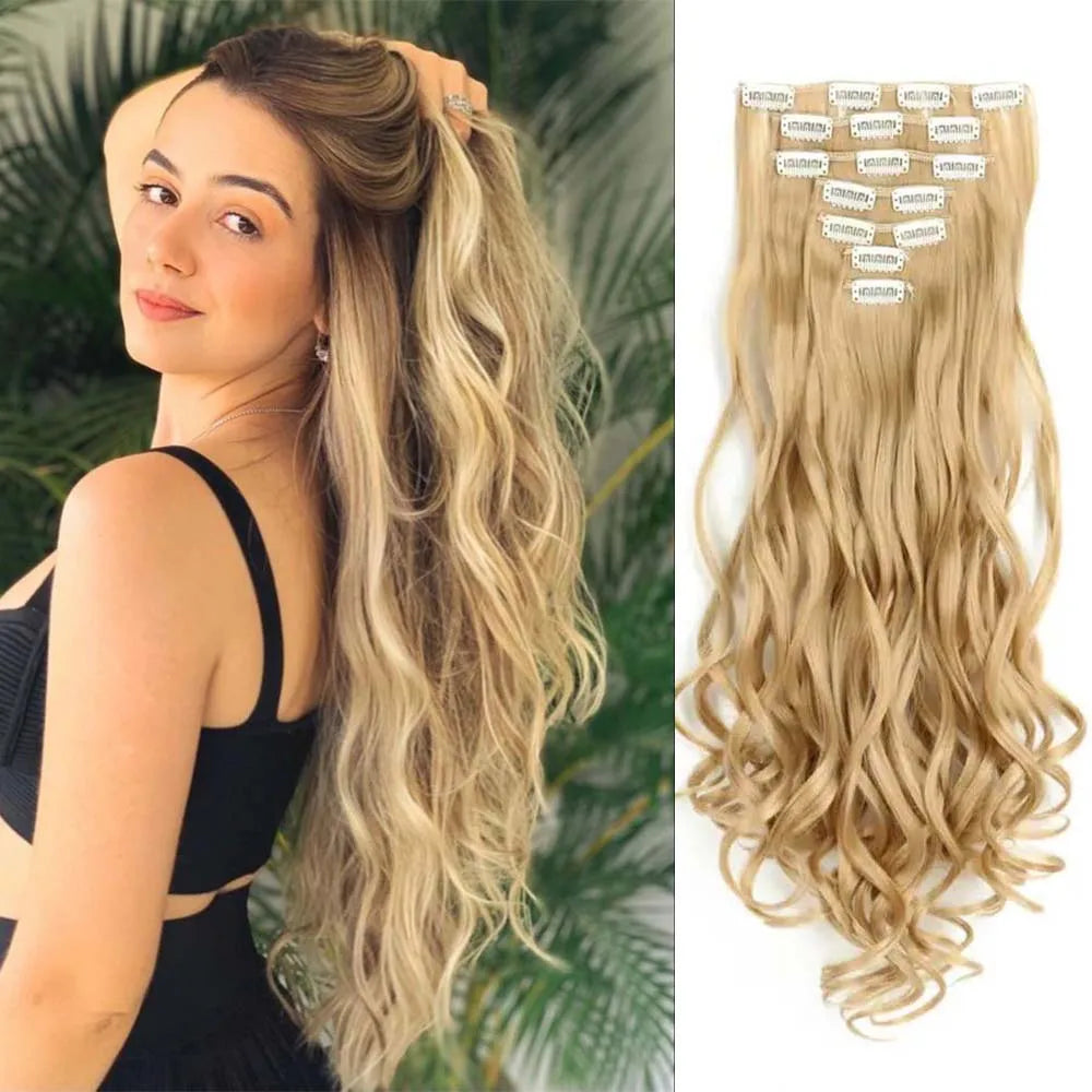 22 Inch Elegant Sexy White Hair 7Pcs/Set 16 Clips Long Curly Wave, Body Wave Synthetic Hair Extensions Clip-in Hair Extensions