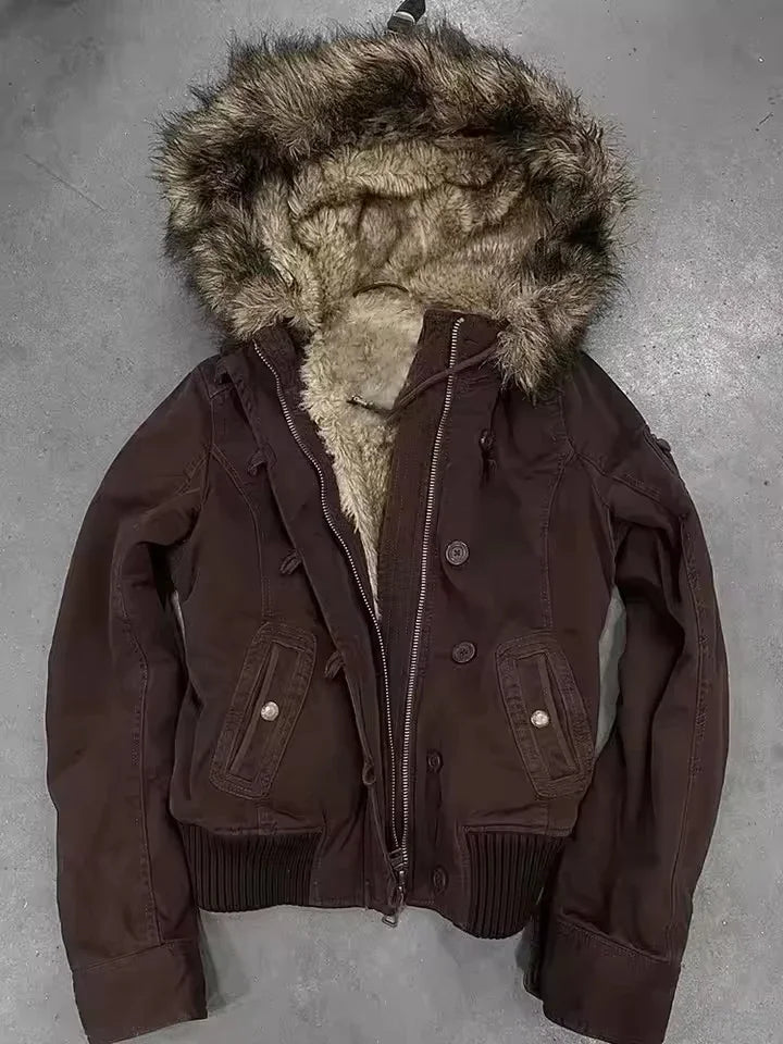 Autumn And Winter New Fashion Casual Fur Collar Jacket Female Y2K High Street Popular Padded Velvet Cotton-padded Jacket Coat