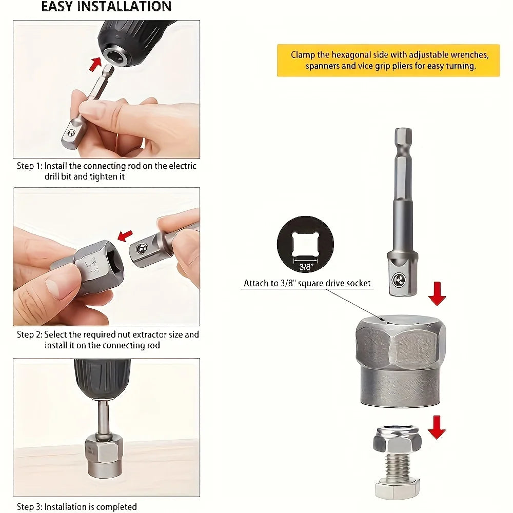 15pc Nut Extractor Set w/ Knockout Bar & 1/4"-3/8" Adapter, Bolt & Nut Remover Kit