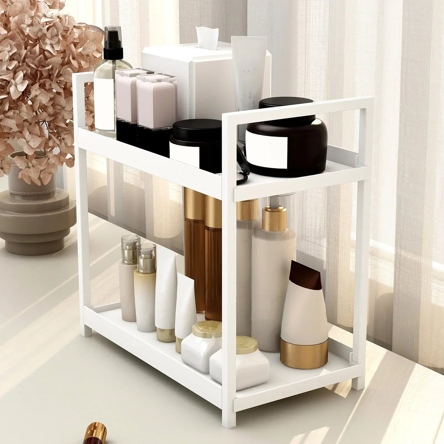 2 Tier Under Sink Organizer Sliding Cabinet Basket Organizer Storage Rack with Hooks Hanging Cup Bathroom Kitchen Organizer