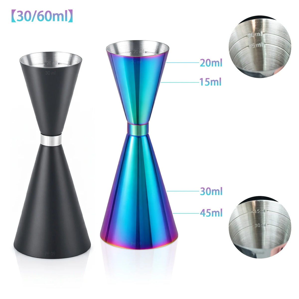 30/45/60/90ml Measuring Cup 304 Stainless Steel Measure Cup Cocktail Shot Drink Spirit Jigger Mixed Beaker Liquid Measuring Cups