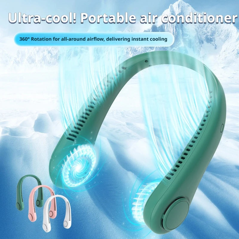 2026 Long Endur New Mini Neck Mounted Fan Portable Bladeless Neck Rechargeable Air Cooler 3 Speed Mini Summer Sports Fan Outdoor