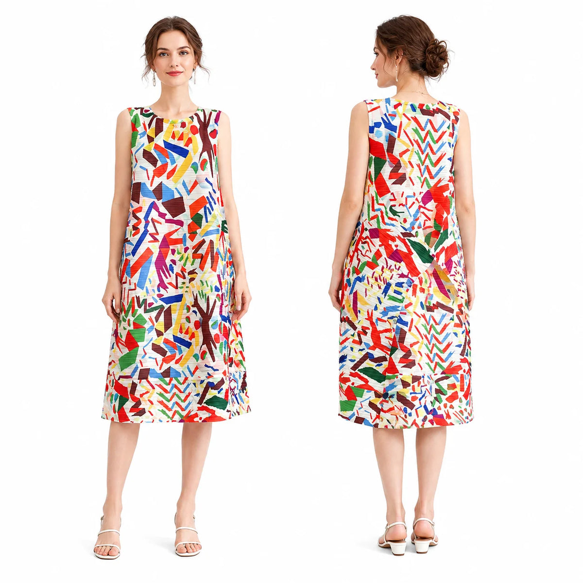 Women Pleated Sleeveless Midi Dress, Abstract Geometric Colorful Art Print Loose A‑Line Tank Dress Round Neck Casual Summer Vacation Party Midi Dresses for Ladies