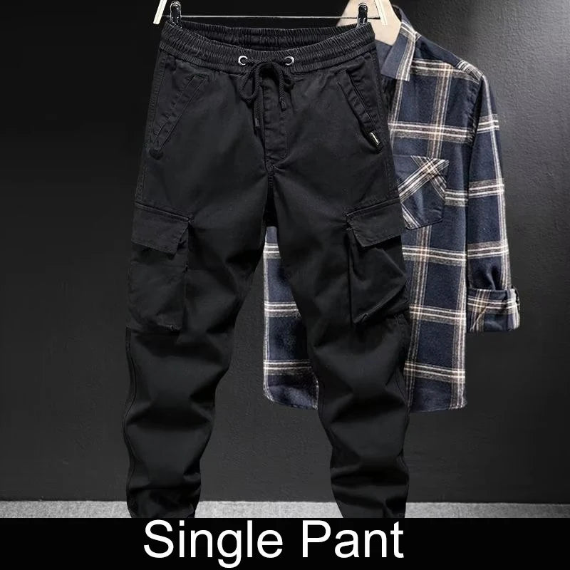 KIDWHXR Man Cargo Pant Autumn Retro Pocket Breathable Workwear Men Pencil Pant Loose Drawstring Outdoor Casual Male Trousers