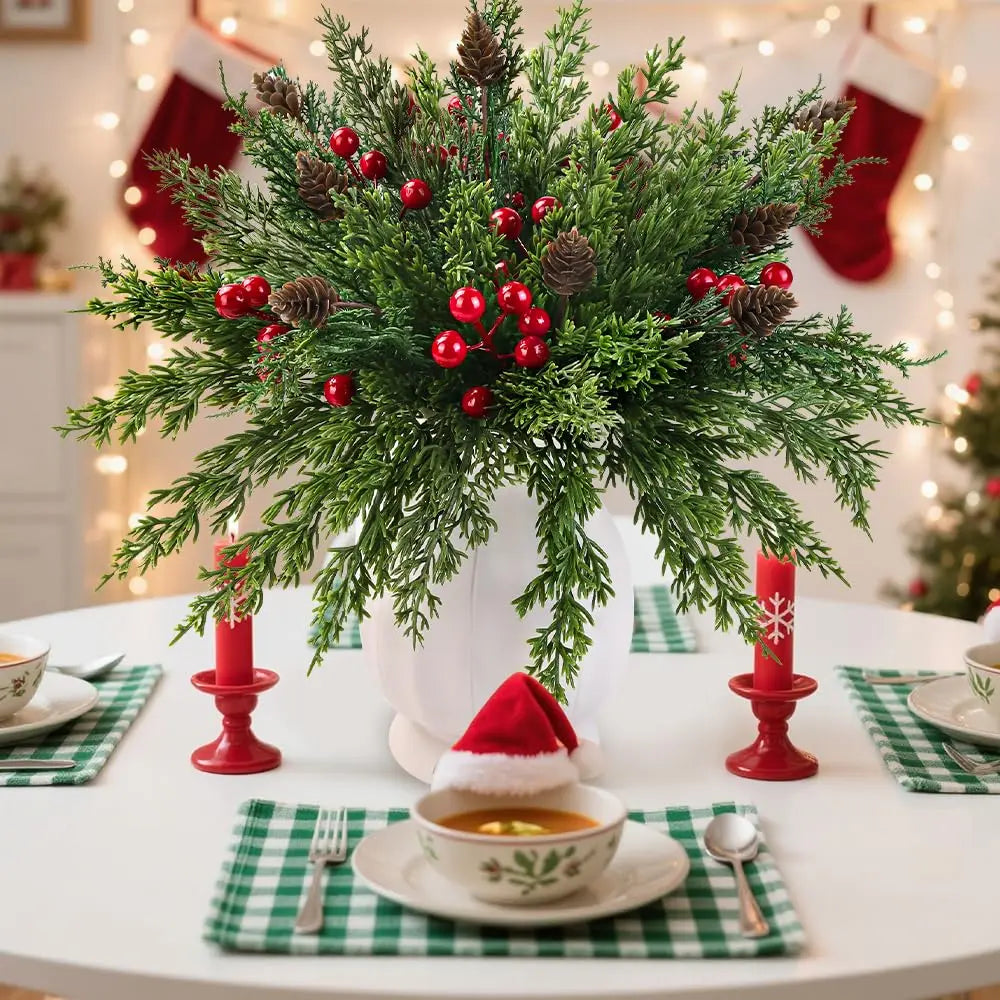 30pcs Christmas Artificial Pine Branches Red Berry Stems Pine Cones Greenery Picks for DIY Wreath Garland Xmas Home Decoration