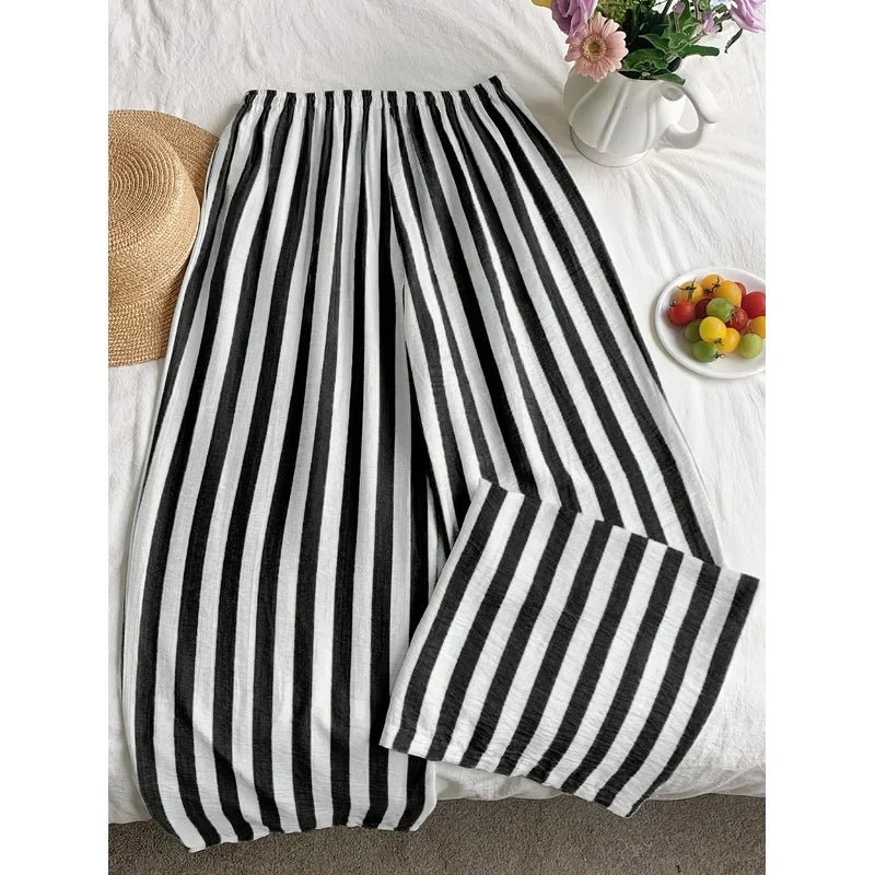 New fashion stripe trousers  Stylish lady Women'S Long Striped Drawstring high Waist Comfortable Loose Wide-Leg Pants