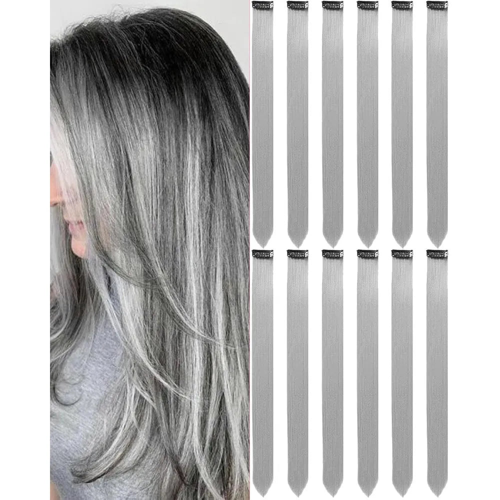 6/12 PCS Hair Extensions Clip, 22in Colored Hair Extensions Party Highlights Long Straight Synthetic Hairpieces for Girls Cospla