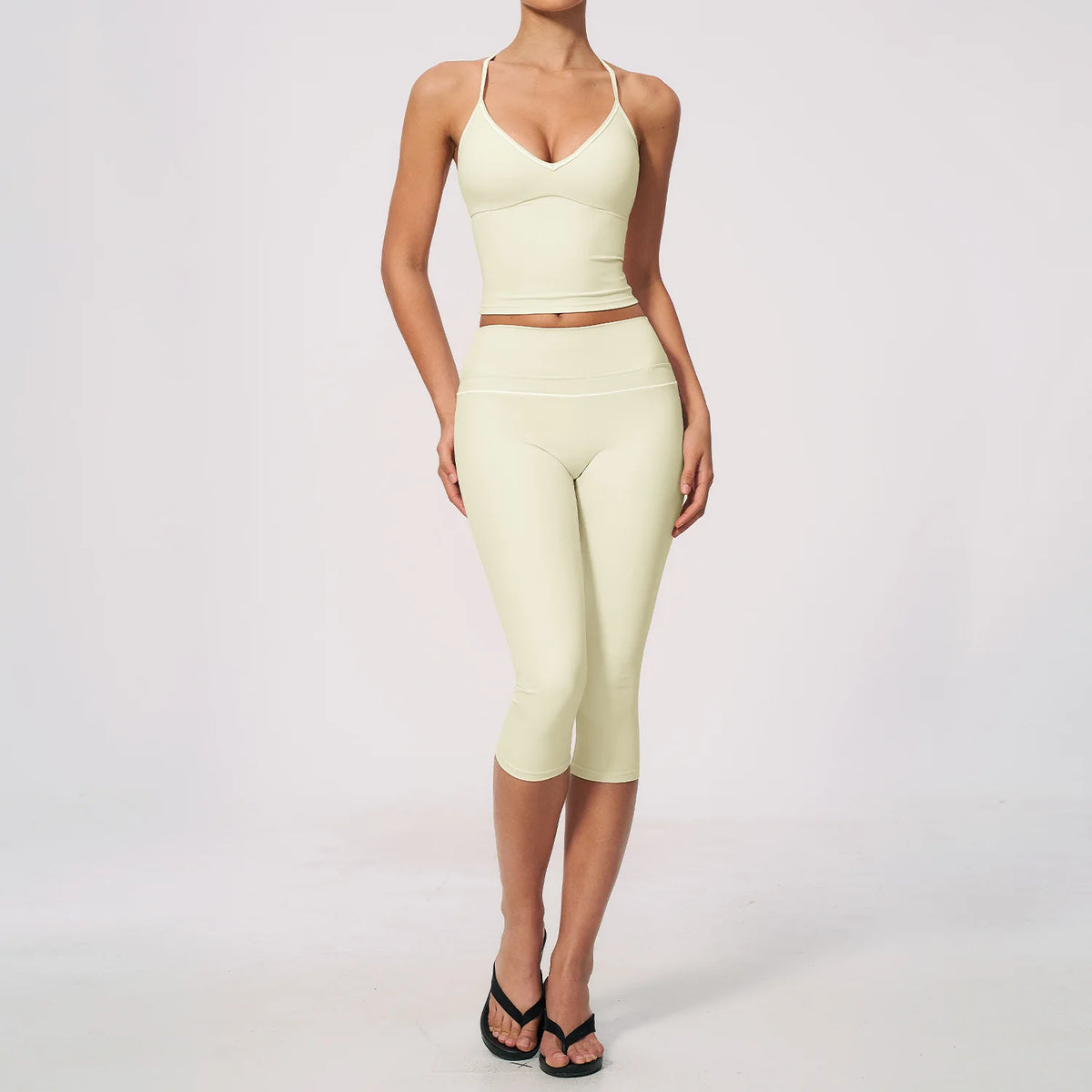 Women 2 Piece Yoga Set V Neck Crop Top and V Back Capri Leggings Butt Lifting Workout Gym Suit Contrast Piping Activewear Female