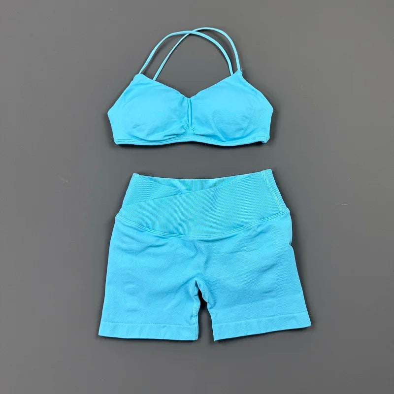 2 Piece Yoga Set Women Criss‑Cross Back Straps Bralette Crossover Waist Yoga Shorts Buttery-Soft Gym Training Workout Activewear