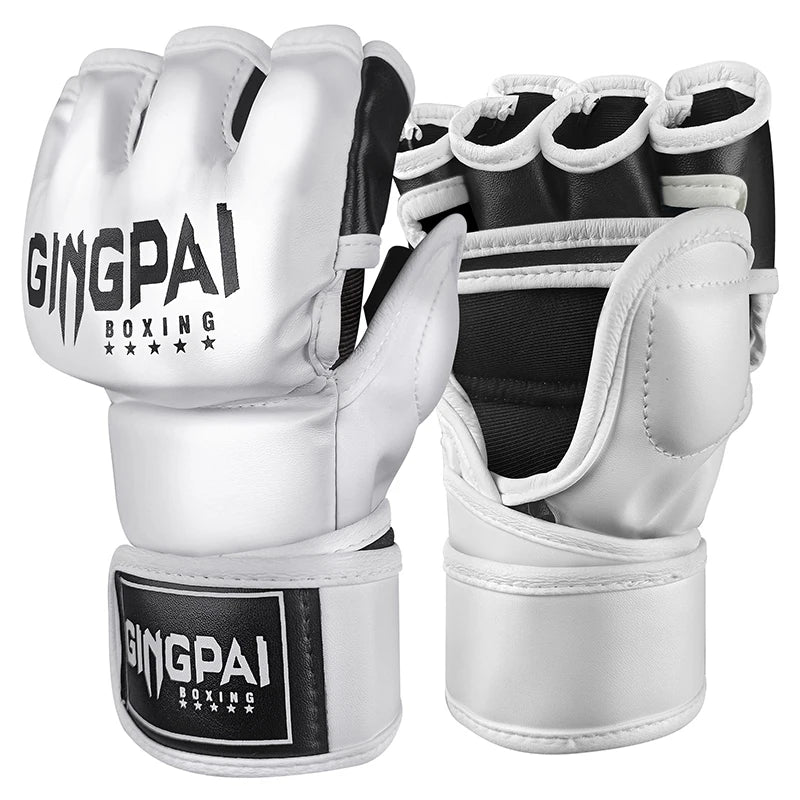 GINGPAI Half Finger Boxing Gloves PU Leather MMA Fighting Kick Boxing Gloves Karate Muay Thai Training Workout Gloves Men