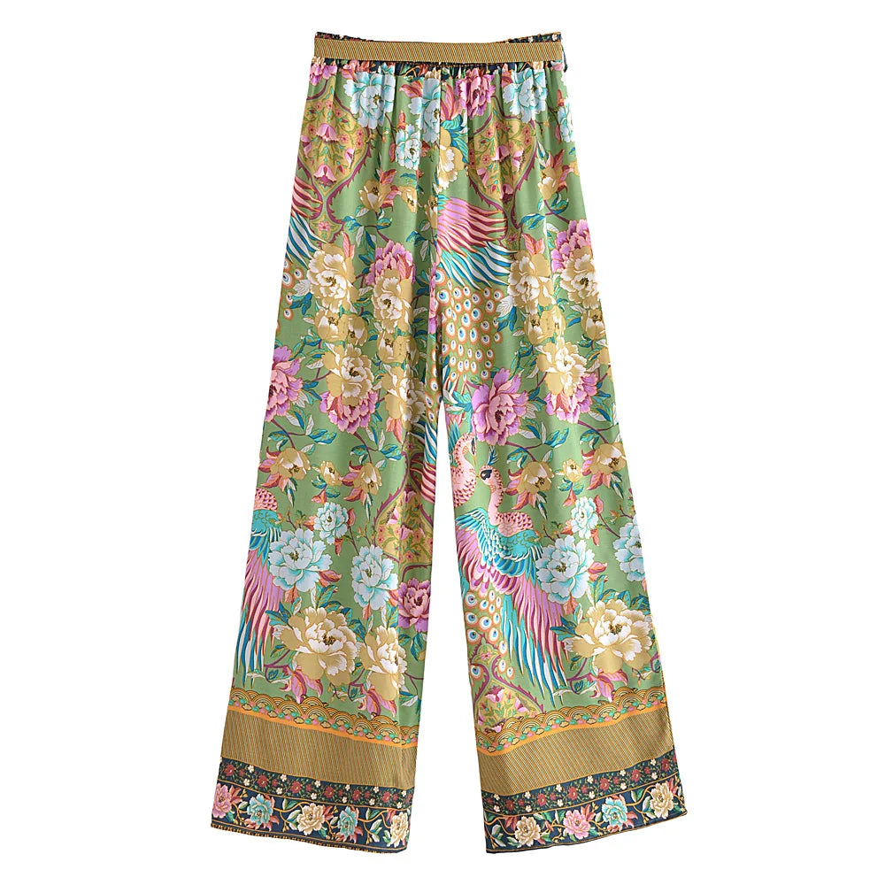 Boho Queens Women Peacock Floral Print Outfits Short Kimono Robe Bohemian Suits Wide Leg Pants 2 Pieces Rayon Boho Sets Swimsuit