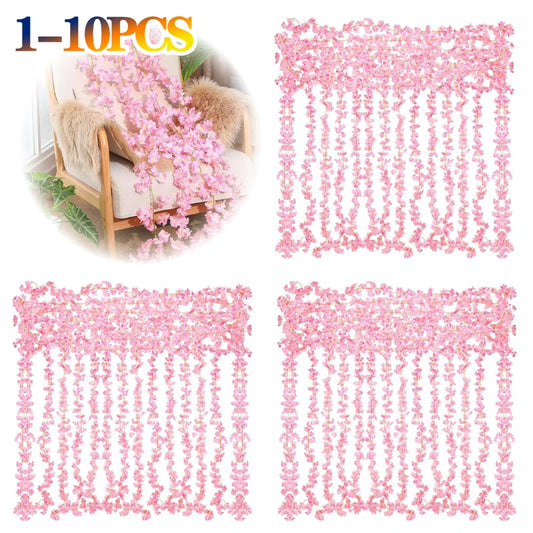 1-10PCS 180cm Artificial Cherry Blossom Garland Fake Flower Vine Wall Decoration Wedding Party Backdrop DIY Home Garden Decor