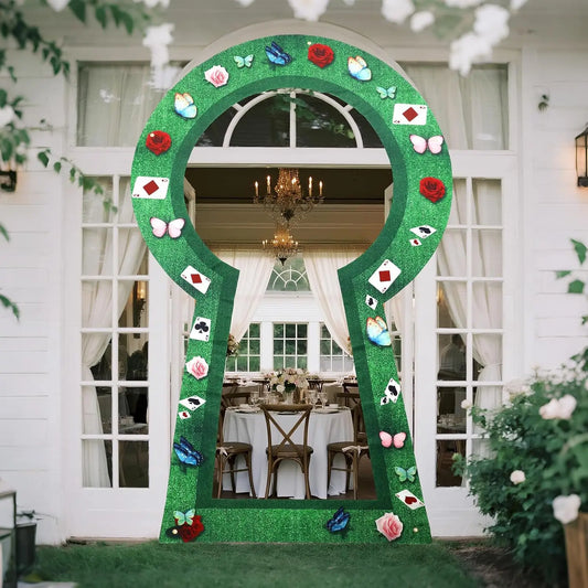 Wonderland Party Decorations Backdrop Wonderland Tea Party Fairy Green Grass Fence Door Banner Photo Props Background for Hallow