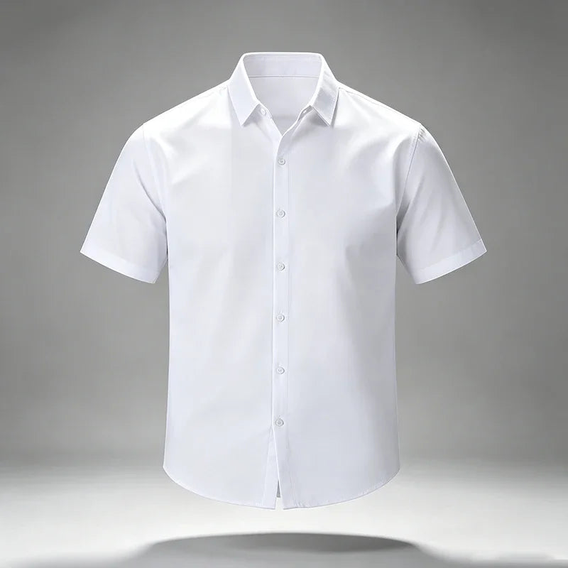 Mens Wrinkle Free Non Iron Silky Stretch Short Sleeve Dress Shirts Standard Point Collar Full Button Summer Office Formal Tops